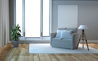 Living room with sofa have pillows, lamp with flowers on white wall background, 3D rendering