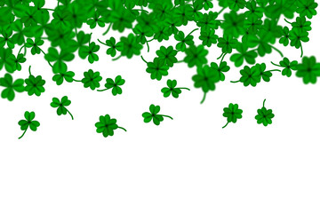 Saint Partick's Day with falling shamrocks on transparent background. St.Patricks vector card with clovers in green color.