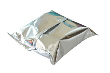 snack package in aluminum foil on white background