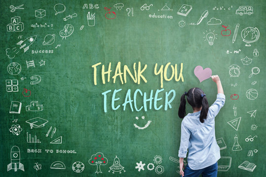 Thank You Teacher greeting for World teacher's day concept with school student back view drawing doodle of of learning education graphic freehand illustration icon on black  - Powered by Adobe