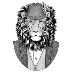 German tirol hat Bavarian national hat Lion Hand drawn illustration for tattoo, emblem, badge, logo, patch t-shirt