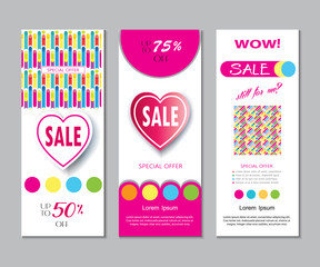 Sale banners set colorful dynamic shapes, lines hearts, Valentine`s Day, Mothers Day, Woman`s Day, Birthday, Summer, Spring Holiday Sales graphic design, art, print, fashion dress sale. Vector Modern