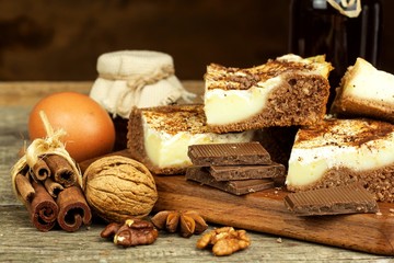 Fototapeta premium Homemade cakes with cocoa and pudding. Unhealthy sweet food. Sweet breakfast.