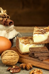 Homemade cakes with cocoa and pudding. Unhealthy sweet food. Sweet breakfast.
