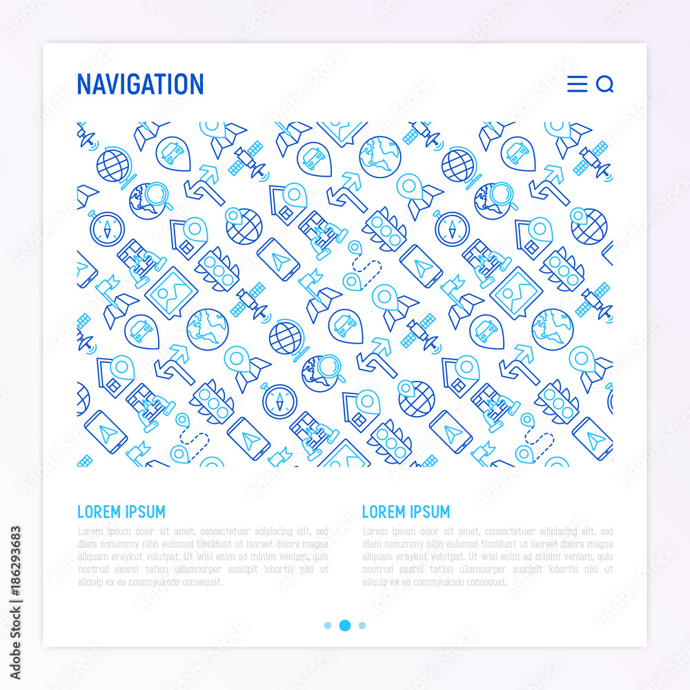 Poster navigation and direction concept with thin line icons set: pointer, compass, navigator on tablet, tr