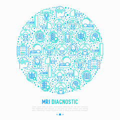 MRI diagnostics concept in circle with thin line icons. Modern vector illustration of laboratory equipment for web page template, print media, banner.