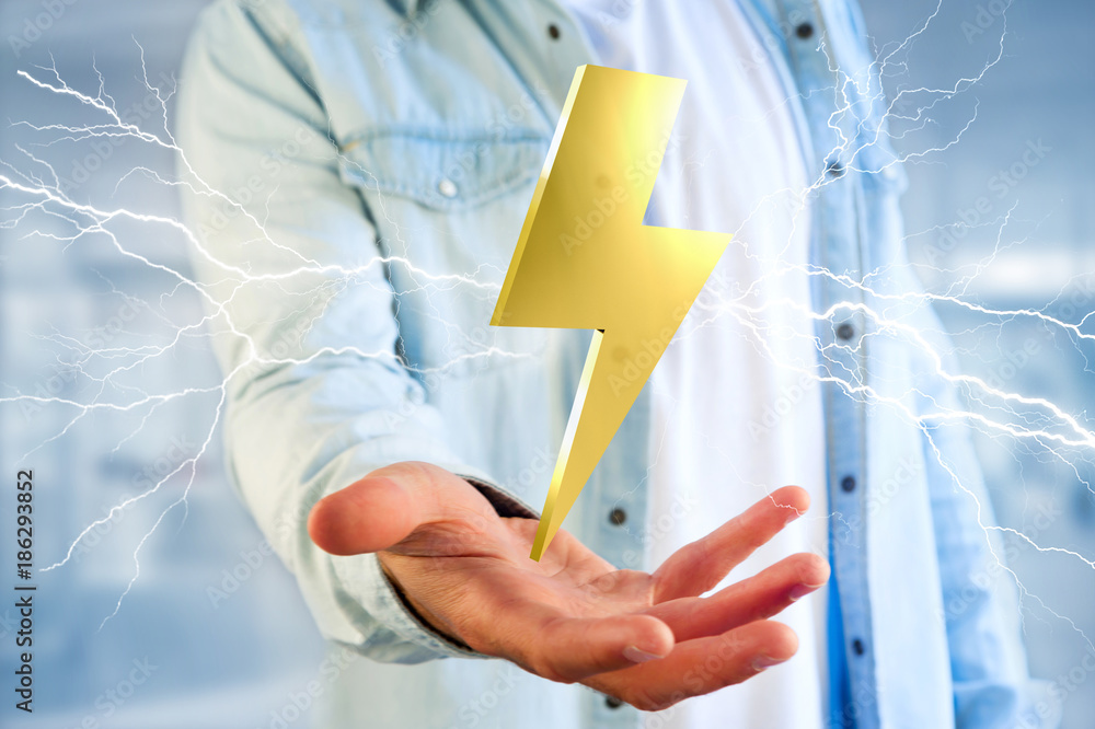 Poster thunder lighting bolt symbol displayed on a futuristic interface - 3d rendering