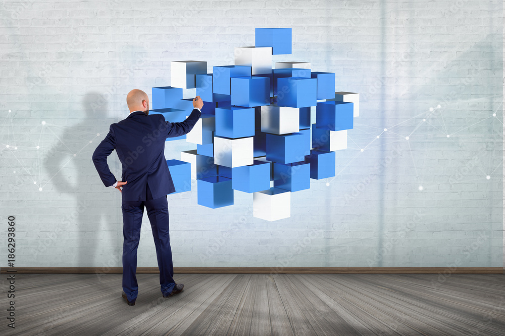 Poster 3d rendering blue and white cube on a futuristic interface
