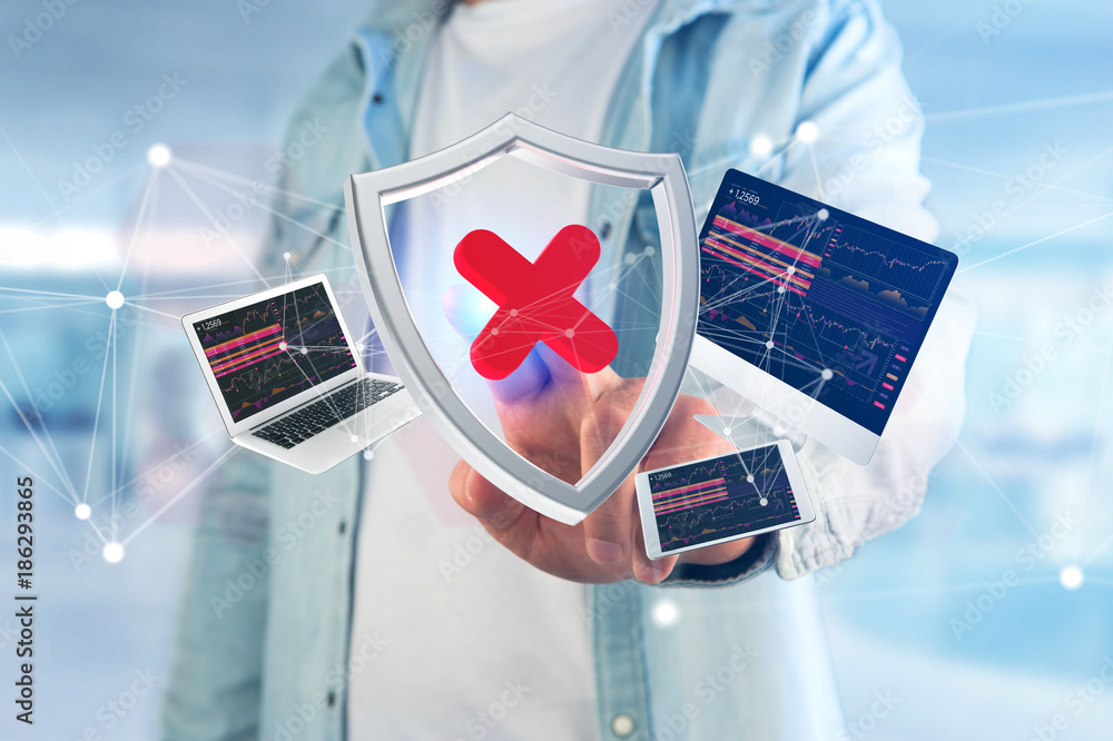 Poster hacked shield symbol surrounded by devices and network displayed on a futuristic interface