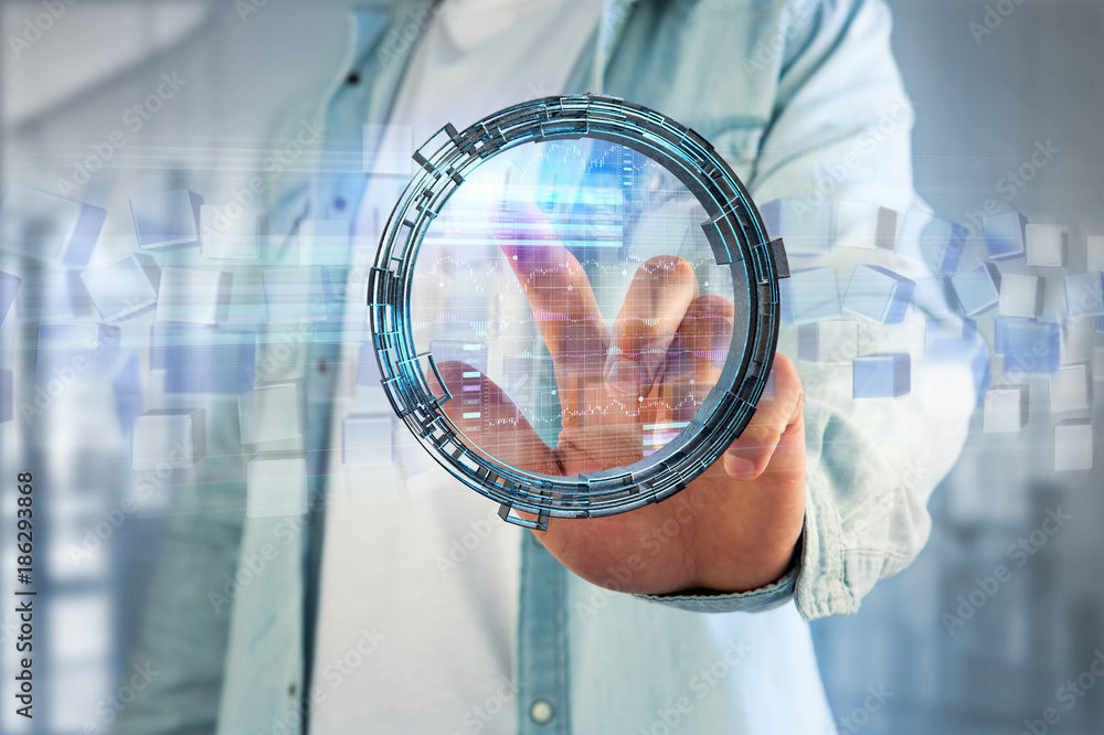 Poster hologram made of wheel with a futuristic finance data interface - 3d render