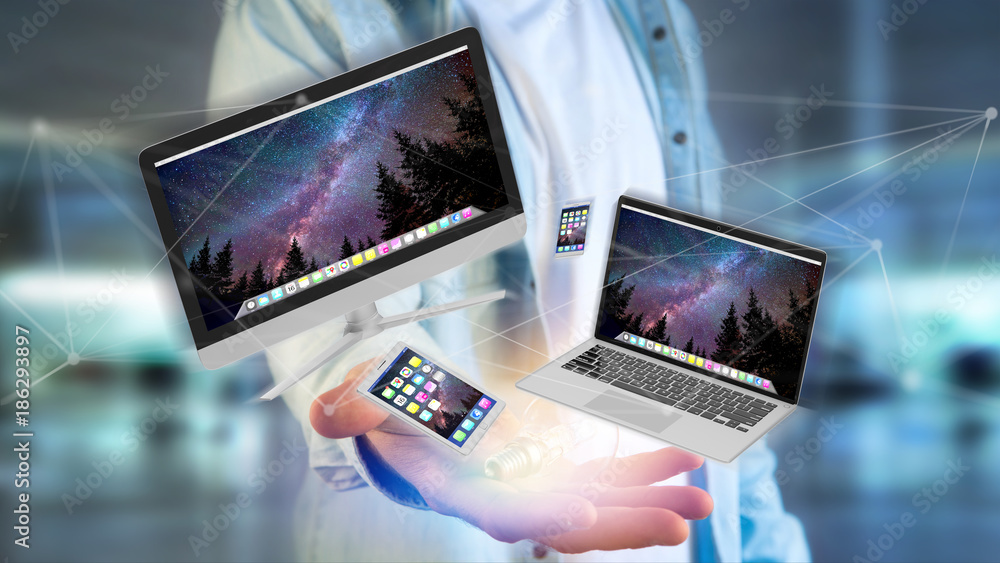 Poster devices like smartphone, tablet or computer flying over connection network - 3d render
