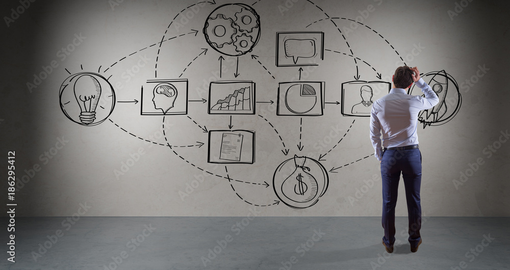 Poster businessman watching a project sketch on a wall 3d rendering