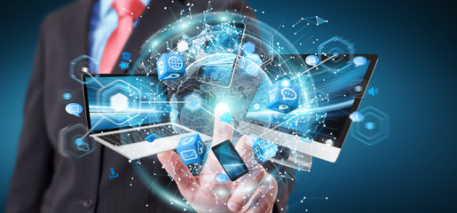 Naklejka premium Tech devices connected to each other by businessman 3D rendering