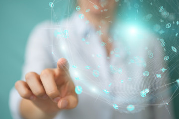 Businesswoman using holograms datas digital sphere 3D rendering