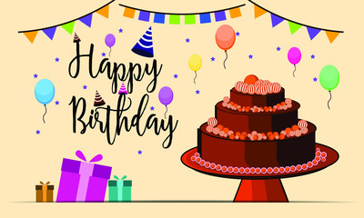 Birthday card with cake, balloon, and hat vector illustration. Birthday card. Invitation card.