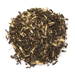 Organic Liquorice (Glycyrrhiza glabra) Green tea. Macro closeup background texture. Top view.