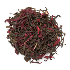 Organic Hibiscus tea. Isolated on white background. Macro closeup. Top view.