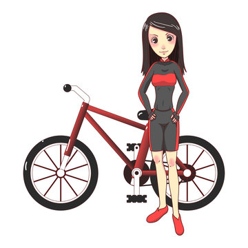 vector illustration cyclist girl and bicycle isolated on whrite