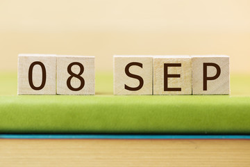 Wooden cube shape calendar for SEP 8 on green book, table.