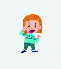 White girl with sweater screams angry in aggressive attitude.