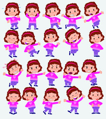 Cartoon character white girl with sweater. Set with different postures, attitudes and poses, doing different activities in isolated vector illustrations.