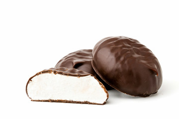 Marshmallow chocolate and half on a white background.