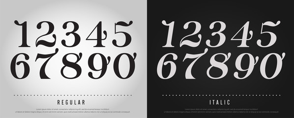 Numbers alphabet letters set. Exclusive Custom Letters. alphabet designs for logo, Poster, Invitation, etc. Typography font classic style, Regular and Italic vector illustrator