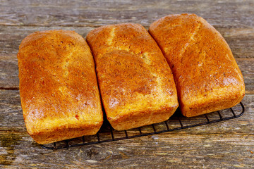 freshly baked bread on kitchen table, top view