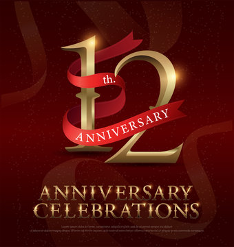 12th years anniversary celebration golden logo with red ribbon on red background. vector illustrator