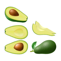 Set of isolated colored avocado half with pit, slices and whole juicy fruit with green leaf on white background. Realistic fruit collection.