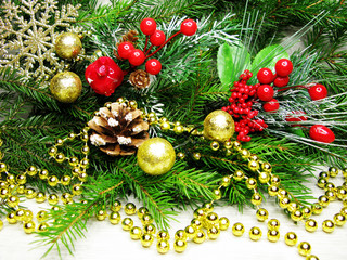 christmas decoration on fir branches background
