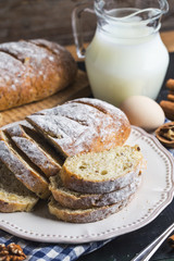 Top view of sliced wholegrain bread on a wooden cutting board.