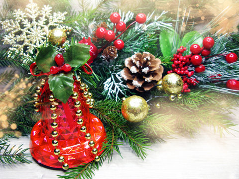 christmas decoration on fir branches background