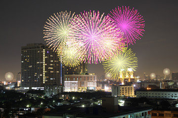 Fireworks on the sky in city