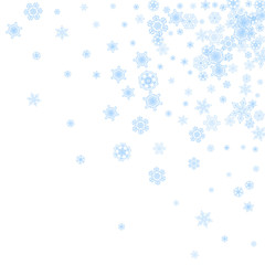 Fototapeta premium Winter frame with blue snowflakes for Christmas and New Year celebration. Holiday winter frame on white background for banners, gift coupons, vouchers, ads, party events. Falling frosty snow.