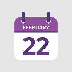 Flat icon calendar 22nd of February isolated on gray background. Vector illustration.