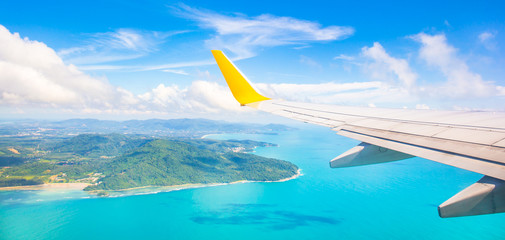 Morning sunrise with Wing of an airplane. Photo applied to tourism operators. picture for add text message or frame website. Traveling concept