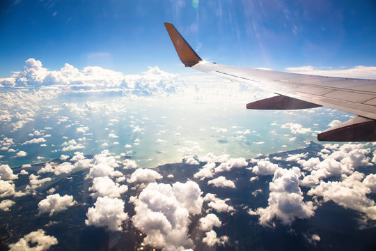 Morning sunrise with Wing of an airplane. Photo applied to tourism operators. picture for add text message or frame website. Traveling concept