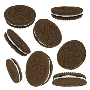 Chocolate sandwich cookies isolated on white background