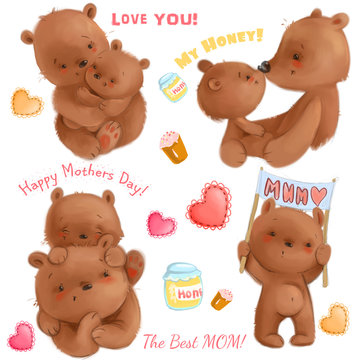 Cute mothers day isolated clipart with funny bears mom and her cubs, hearts, honey, cakes. It's about love. Use for cardmaking, greeting cards, print, textile.