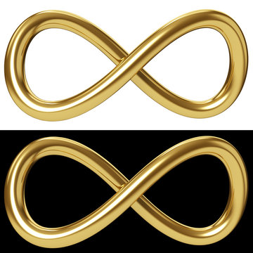 Gold infinity loop on white and black background