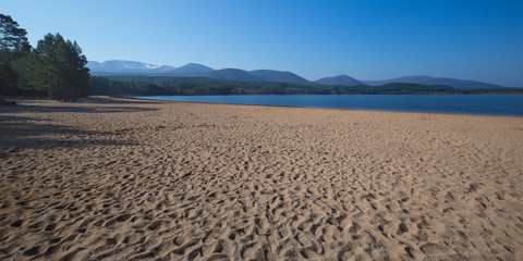 Sandy beach of Loch Morlich with pine forest and the mountains of the Cairngorms in the background in May