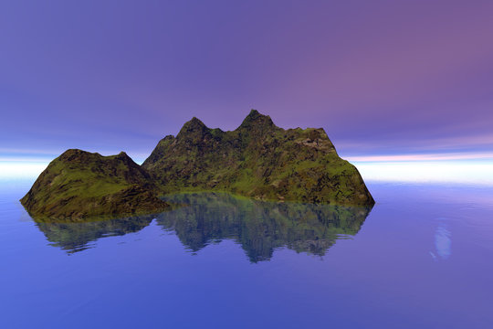 Island, a tropical landscape, grass on the ground and reflection in the sea.