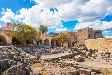 Stoa, portico and Propylaea on Acropolis of Lindos (Rhodes, Greece)