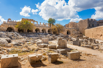Stoa, portico and Propylaea on Acropolis of Lindos (Rhodes, Greece)