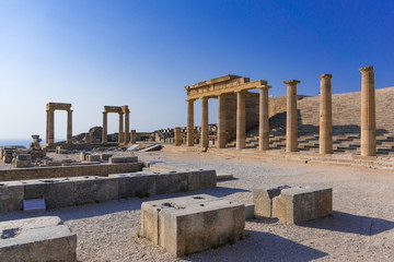 Stoa, portico and Propylaea on Acropolis of Lindos (Rhodes, Greece)