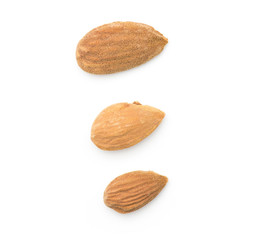 Three almonds top view isolated on white background shelled nuts.