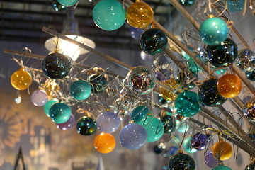background many glass Christmas balls in the room