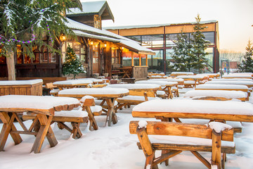 Belgrade, Serbia January 12, 2017: Restaurant with a garden covered with snow