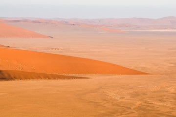 Fototapeta na wymiar Detail view of red sand dunes in Sossusvlei near Sesriem in famous Namib Desert in Namibia, Africa. Sossusvlei is a popular tourist destination, the dunes are amongst the highest in the world.